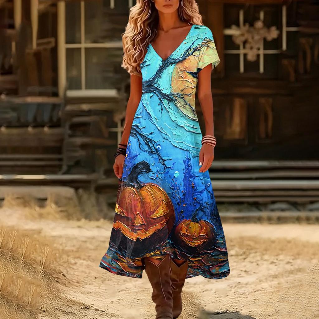 Womens V Neck Short Sleeve Midi Dress Halloween Pumpkin Print Vintage Style Casual Beach Wear Split Hem Summer Dress