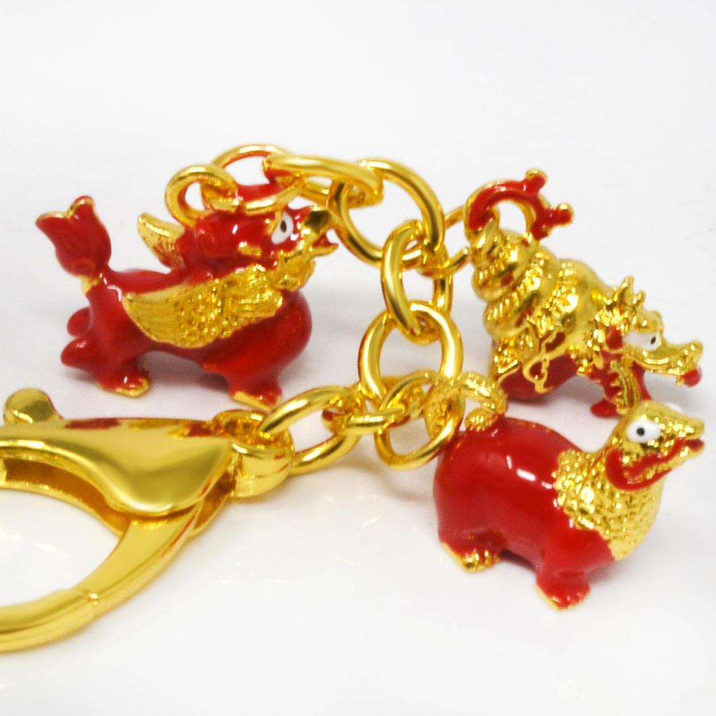 Feng Shui Three Harmony Animal Keychain, Harmony Balance Amulet, Lucky Wealth, Dragon, Turtle, Lion, Red, 3.741 inch