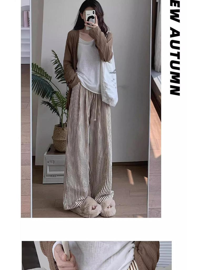 Women's High-Waisted Striped Wide-Leg Summer Pants - Petite, Loose, Slimming, Casual, Drapey.