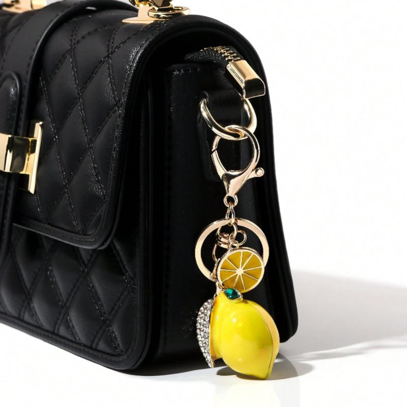 1pc Cute Rhinestone Lemon Shaped Keychain Colorful Fruit Metal Lemon Slice Key Chain Accessory Gift For Mom Friends Lightweight Luxury Accessory