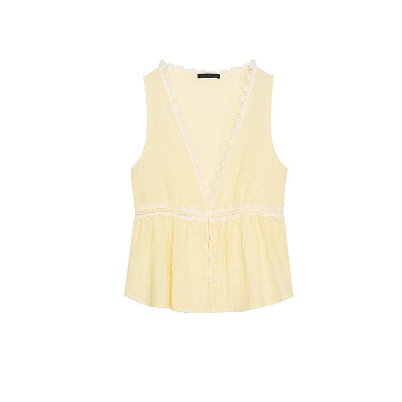 

Summer Women s Single-Breasted Sleeveless V Neck Color Contrast Patchwork Lace Lace Trim Vest Tops 3666151 Light yellow L