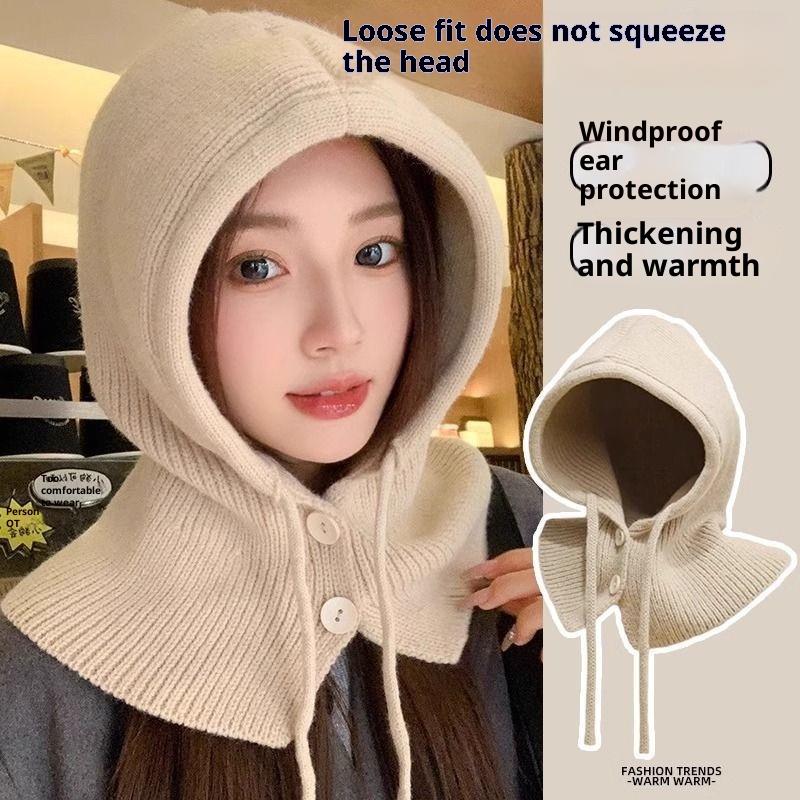 Winter Balaclava Hat Warm Knitted Women'S Hood Hat Solid Color One-Piece Neck Pullover Cap Outdoor Cashmere Caps