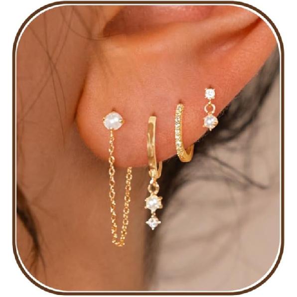 Triple Huggie Stacked Earrings for Women Gold Chain Drop Dangle Earrings Cute Statement CZ Earrings Trendy Dainty Jewelry Gift