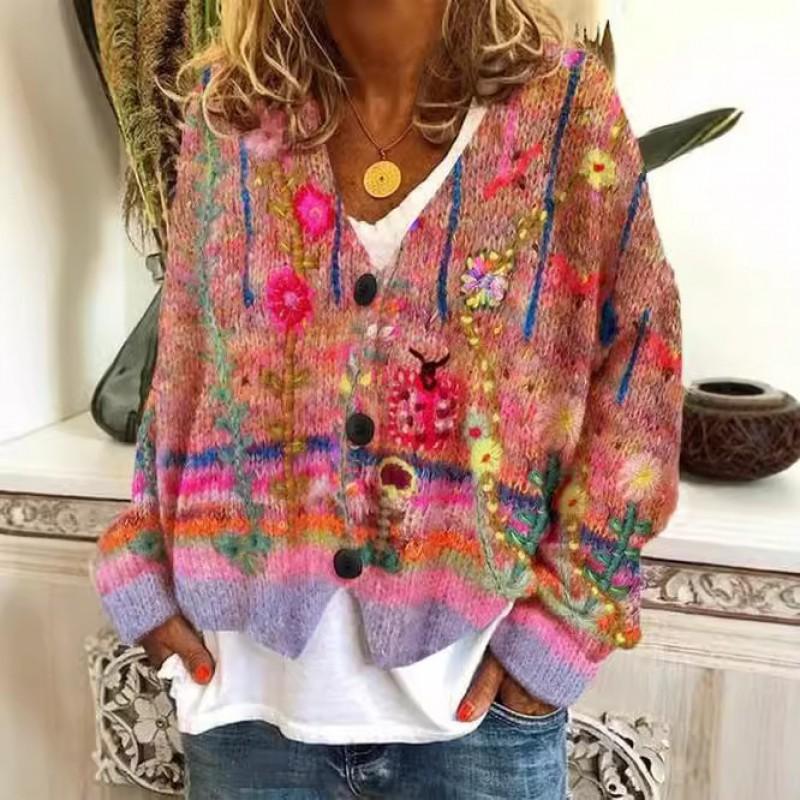 Womens Christmas Print V-Neck Open Front Cropped Long Sleeve Knit Sweater Loose Fit Casual Style