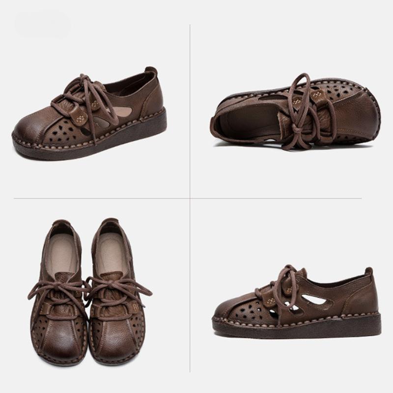 Johnature Hohle Sandalen aus echtem Leder, bequem, lässig, atmungsaktiv, vielseitig, flache Damenschuhe