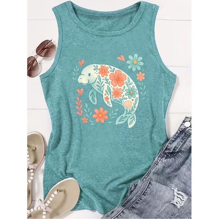 2026 Summer New Abstract Line Mountain Sunrise Graphic Print Round Neck Women Sleeveless Tank Top Soft Comfort Versatile Casual Daily Vest S павлин голубой