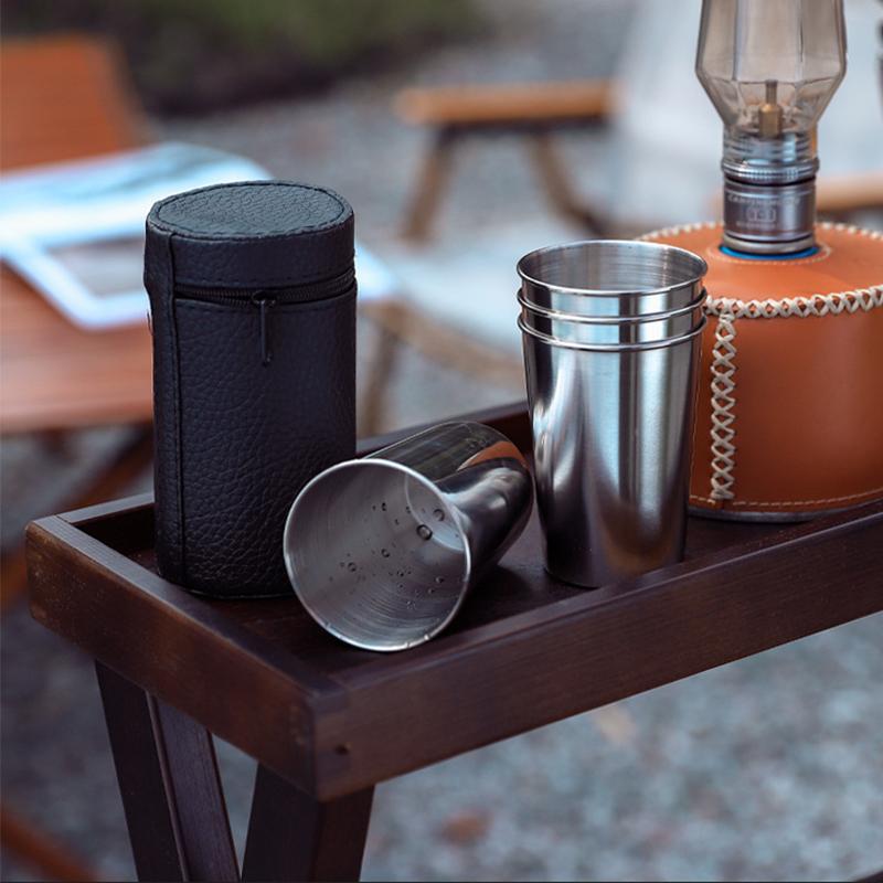 4 Stück/Set Edelstahl Taschenflasche Tasse Tragbar 30ML/70ML/150ML Weingläser mit Lederetui Outdoor Geschirr Mini Kaffee Tee Bier Tasse