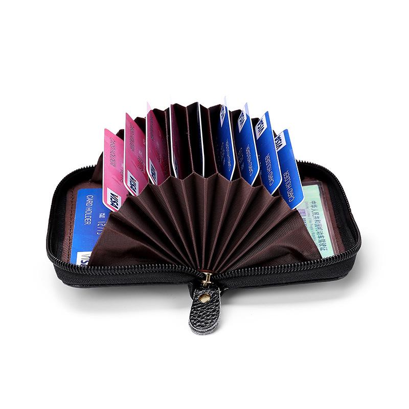 Premium Vollnarben-Rindsleder RFID Diebstahlschutz Akkordeon-Kartenhalter mit Reißverschluss, Echtleder Mehrfachkartenfach-Hülle.