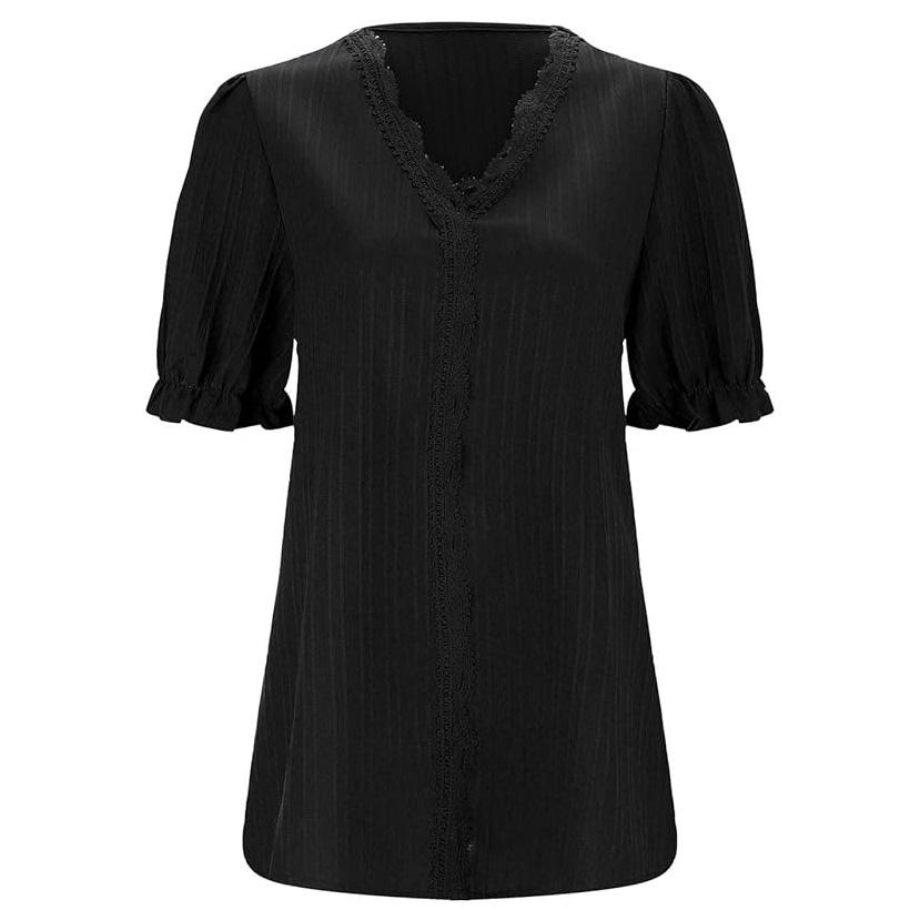 Women Plus Size Tops Hollow Short Sleeve Blouses V-Neck Shirt Casual Solid Color Pullover Blouse