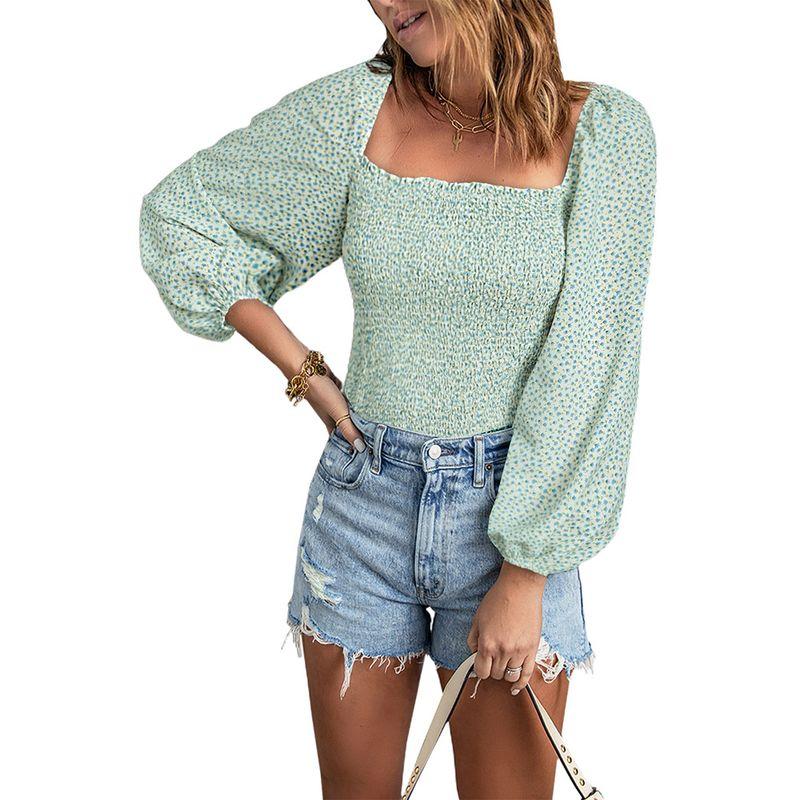 Slim Looking Square Collar Fashion Print Pullover Long Sleeves T-shirt