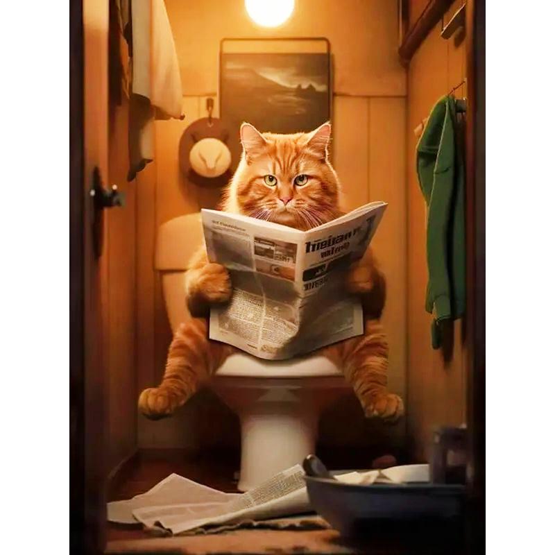 

Алмазная живопись Животное Сделай сам Полная мозаика Кот Туалет Читающий газету Искусство Стразы Картинки Набор для декора стен ванной комнаты Round 30x40cm