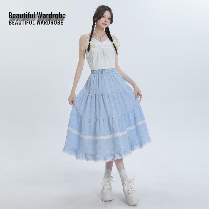Women s Sweet Lace A-line Midi Skirt L