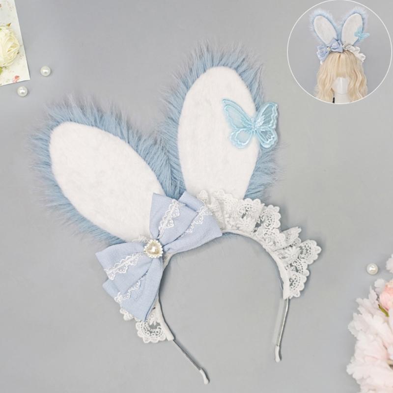 Plush Sweet Rabbit Ears Headband With Elegant Lace And Bowknot Detachable For Cosplay Party And Daily Wear