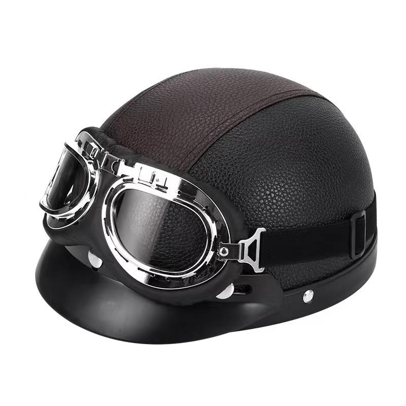 Hot Sell Brown Synthetic Leather Vintage Motorcycle Motorbike Vespa Open Face Half Motor Scooter Helmets & Goggles
