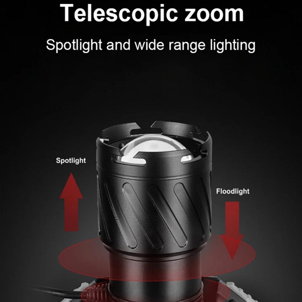 100000 LM Regulowana, akumulatorowa latarka czołowa LED o wysokiej jasności, 4 tryby zoomu