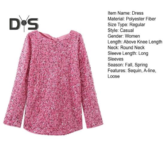 Damen Paillettenkleid mit großer Schleife und langen Ärmeln, A-Linie, lockerer Pullover, knielang, Cocktailparty, Club, Minikleid