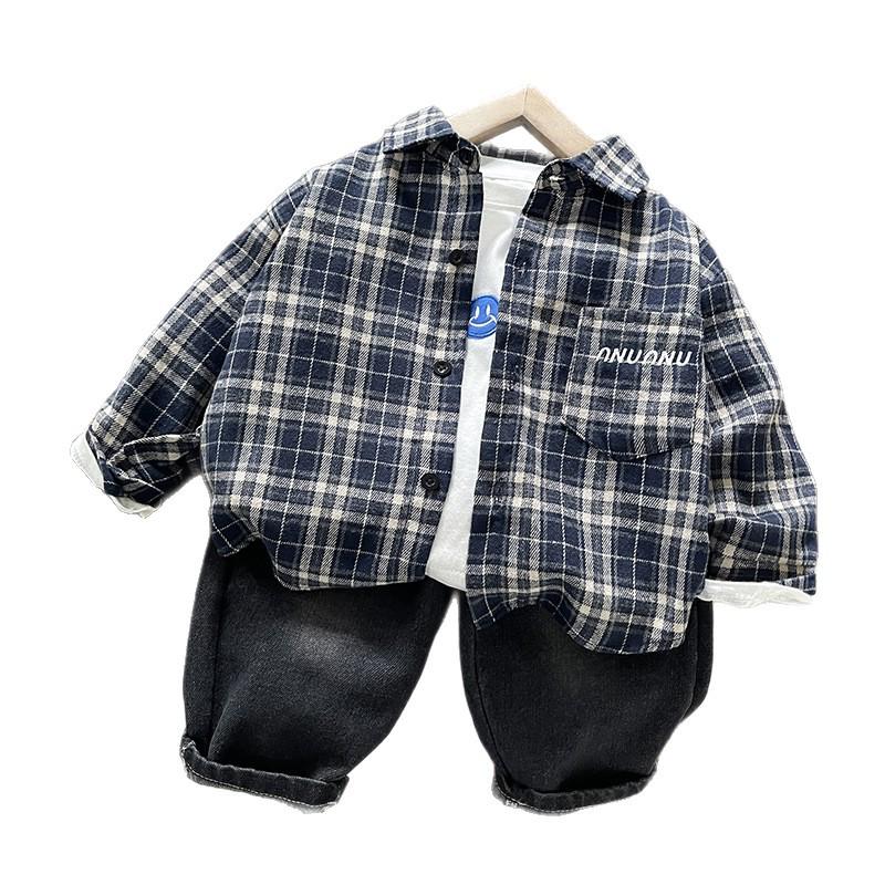 Boys' 2025 Korean Style Plaid Two-Piece Set: Long-Sleeve Casual Shirt for Kids