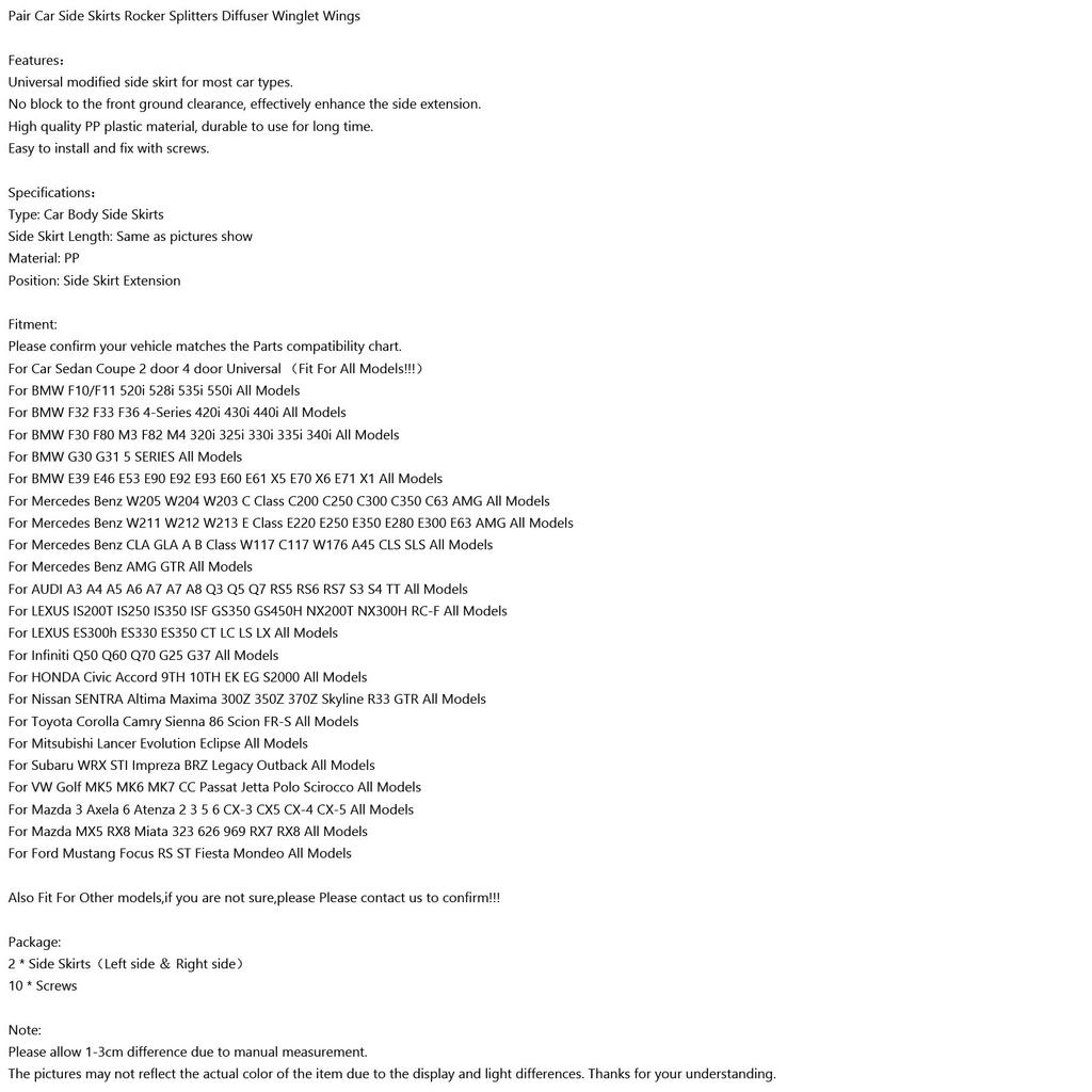 Pair 120cm Car Carbon Fiber Side Skirts Rocker Splitters Diffuser Winglet Wings