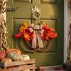 Linen Bow Wreath Fall Artificial Maple Leaf for Front Door, Thanksgiving Rattan Garland with Berries And Burlap Autumn Harvest Door Wall Hanging Decor