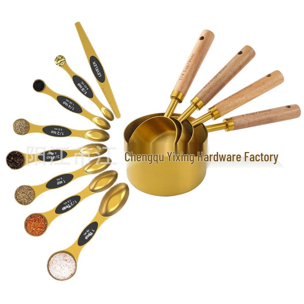 8-Piece Rose Gold Stainless Steel Measuring Cups & Spoons with Engraved Wooden Handles for Baking