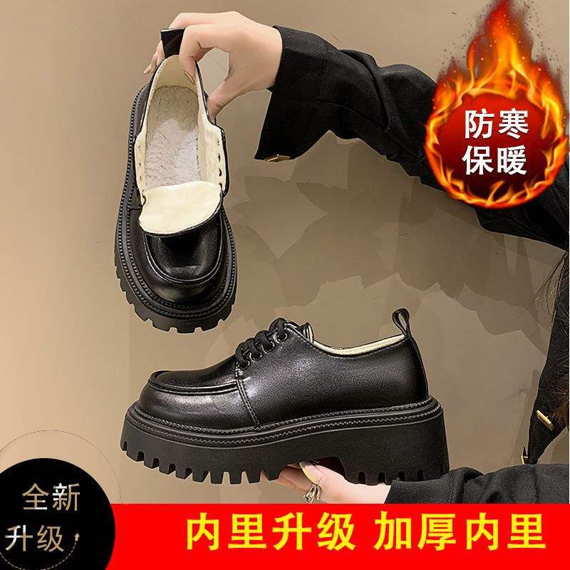 Chaussures basses à lacets en cuir véritable très souple pour le printemps et l'automne, dentelle noire, semelle épaisse, velours quatre saisons, style britannique, petites chaussures en cuir