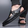 Men Flats Summer Roman Sandals Retro Brown Leather Closed Toe Beach Shoes Large Size