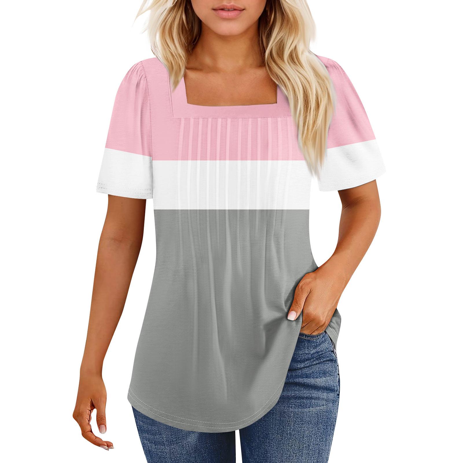 

Футболки для женщин, плиссированные, с квадратным вырезом, нарядные, повседневные, блузки с принтом, с коротким рукавом, летние топы свободного кроя XL розовый