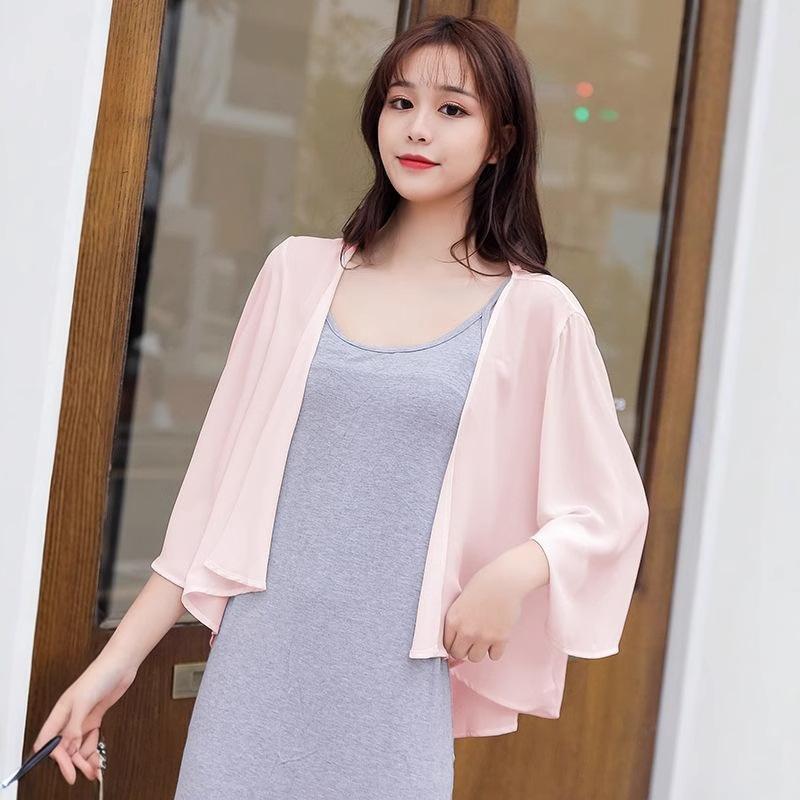 WTEMPO Women Chiffon Shirt 3/4 Sleeve Tie Front V-Neck Lightweight Sun Protection Shirt Casual Summer Beach Cover Up