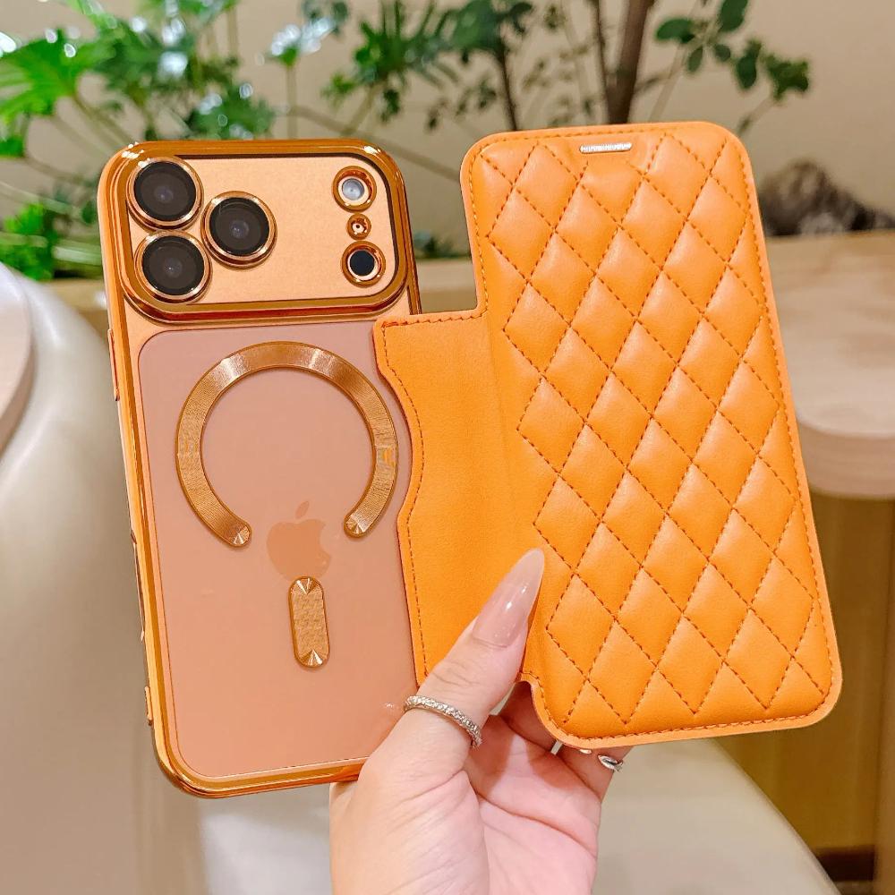 Flip Cover Verchromt Klar Magnetisch Faltbar Leder Geldbörse Hülle Für iPhone17 Air 16 Pro Max Magnetisch 15 14 13 12 11 Pro Steckplatz Kartenhalter Tasche Hülle