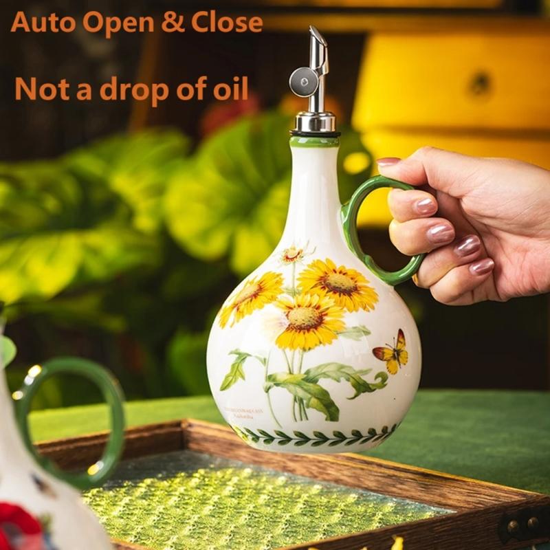 Ceramic Kitchen Oil Bottle with Easy Grip and Metal Pour Lid, Counter Dispenser for Everyday Home Cooking and Display