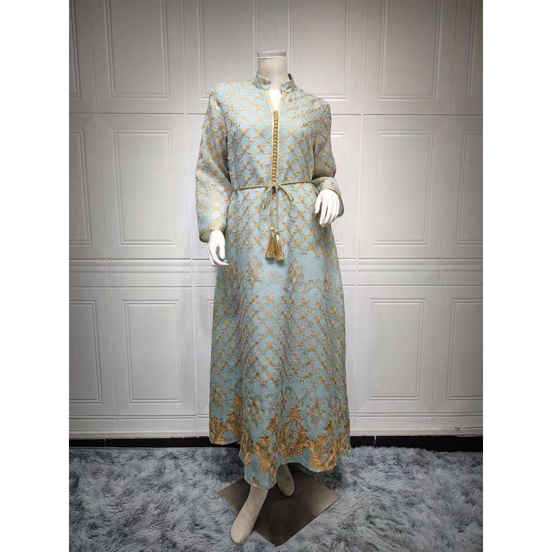 

New Arrival Ethnic Style Stand Collar Belt Long Dress Fashion Embroidery Dress Belt Embroidered Dress Light green S