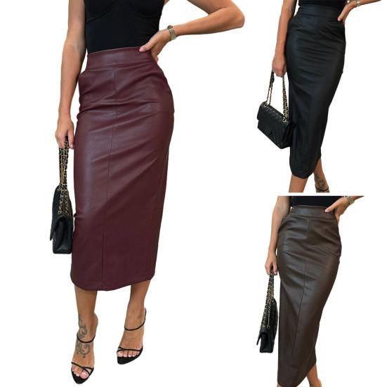 Women Sexy Long Bodycon Skirt Faux Leather High Waist Pencil Skirt Tight Fit Skirt with Back Slit for Club Dates Parties Office Daily Wear