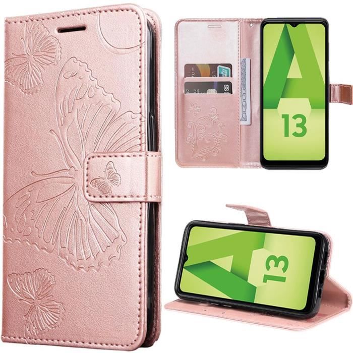 Coque de protection - Samsung - Galaxy A13 5G - Effet cuir rose - Motif papillon - Semi-rigide