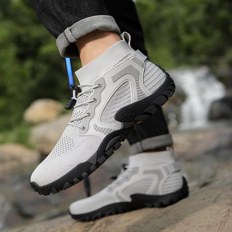 Breathable Knitted Men's Hiking Shoes High-top Casual Sports Shoes Non-slip Outdoor Trekking Traveling Sneakers Big Size 38-48