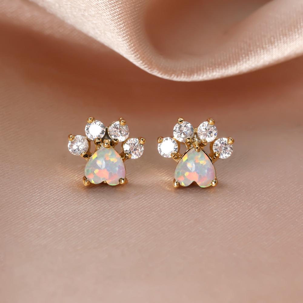 White Peach Heart Footprints Earrings Small Claws Earrings Fashionable Accessories