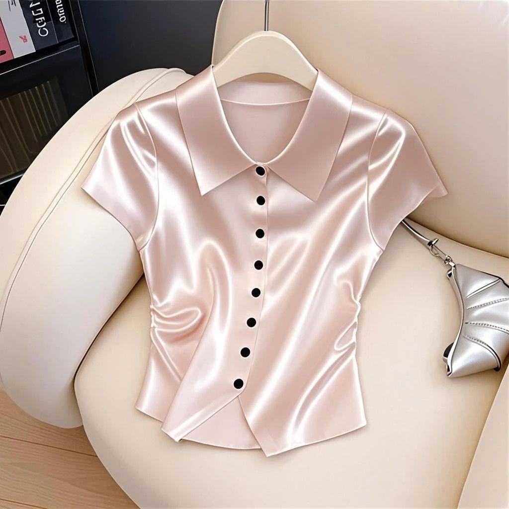 Summer Fashion Temperament Buttons Solid Color Shirts Ladies Fashion Turn-down Collar Short Sleeve Blouse Women Clothes