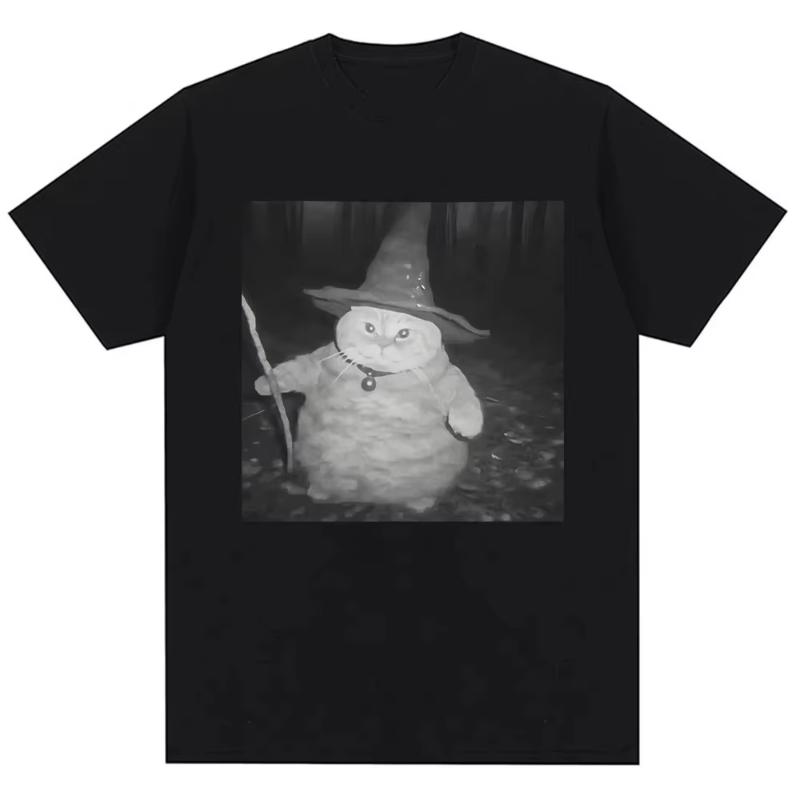Retro Tshirt Fat Wizard Cat Funny Meme Pattern Tshirt Trendy Humorous Joke Novelty Womens Short Sleeve S