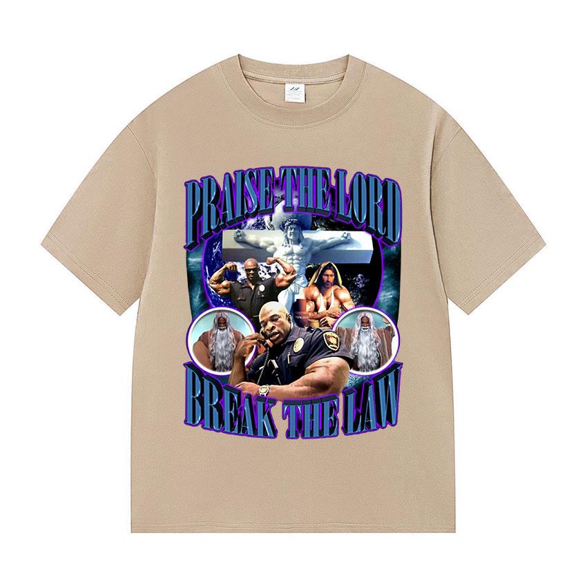 Praise The Lord Break The Law Ronnie Coleman Pump Cover Gym Funny Meme T Shirts Men's Retro Fashion Cotton Short Sleeve T-shirt