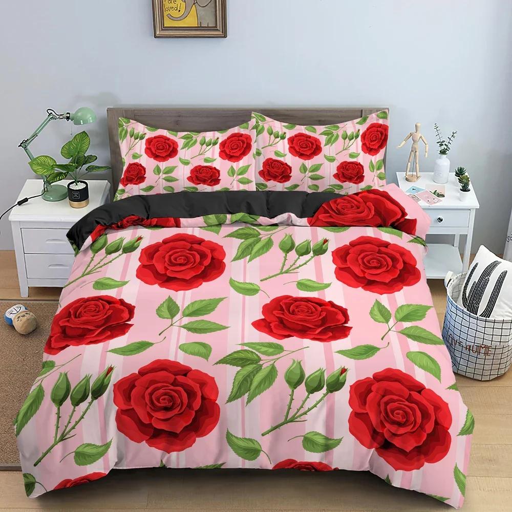 2/3Pcs 3D Floral Bedding Set Luxury Cozy Duvet Cover Set With Pillowcase Beautiful Roses Bedclothes For Bedroom Decor Twin King