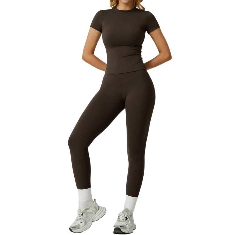 Womens Quick Dry Stretchy Yoga Set Short Sleeve T-shirt High Waist Pants Gym Workout Activewear