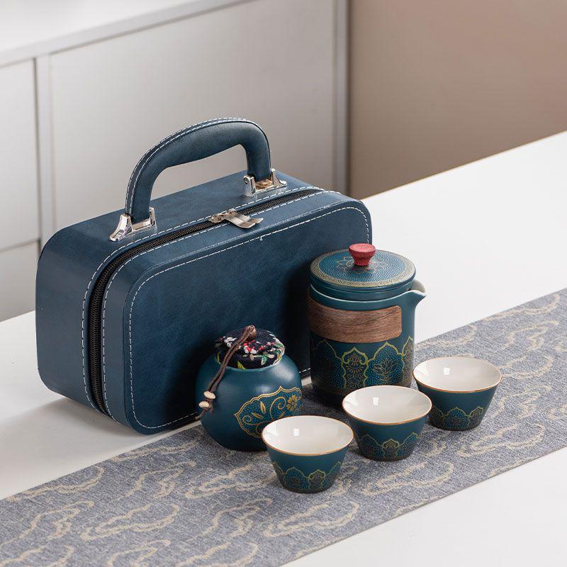 Ancient Charm Ceramic Travel Tea Set: Quick-Brew Pot with Three Cups for Outdoor Use - Customizable Logo Gift