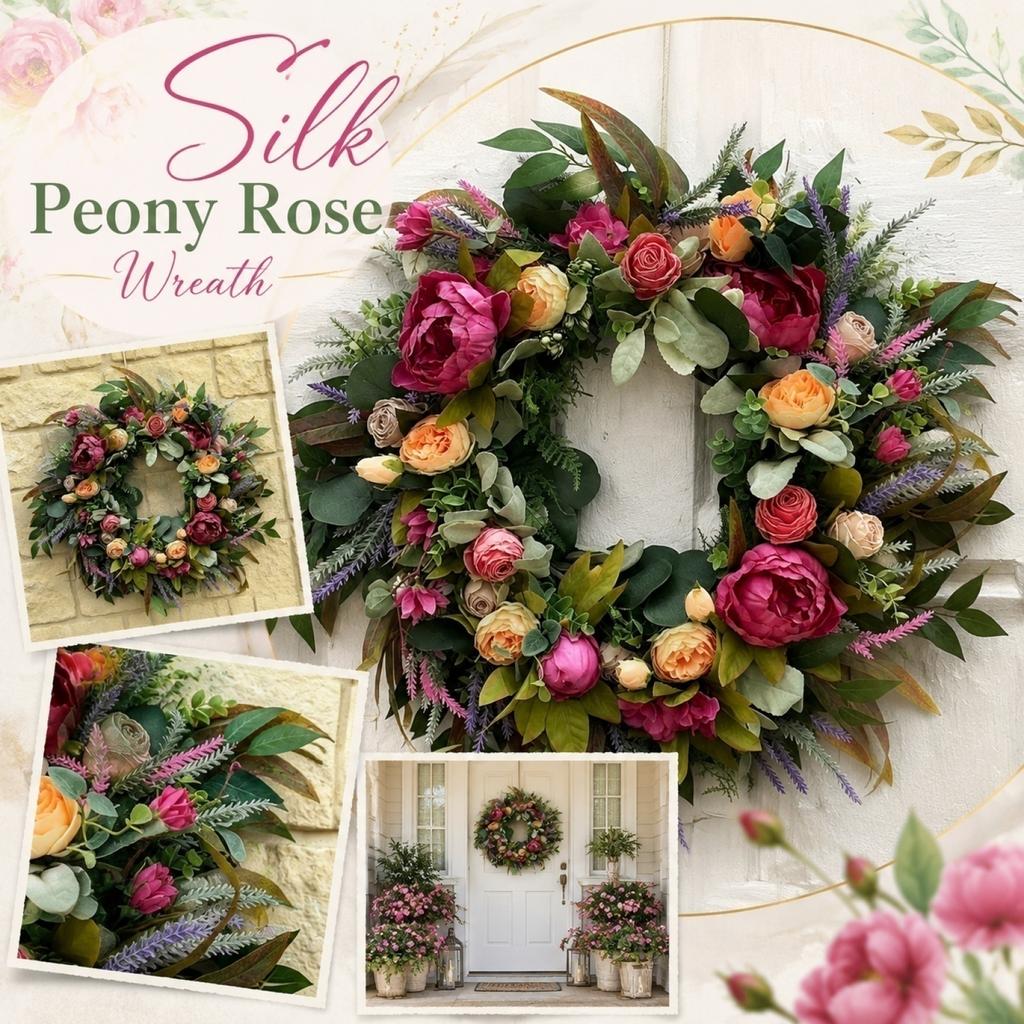 45cm Artificial Silk Peony Rose Flower Wreath with Mixed Foliage Decorative Floral Garland for Home Wall Door Hanging