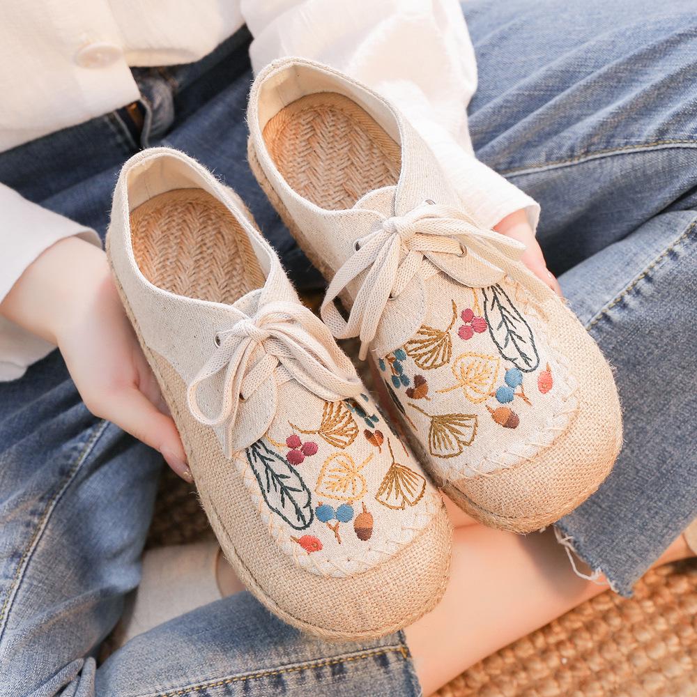DX-23 Women's Autumn Linen Casual Shoes - Ethnic Embroidery, Lace-up Design