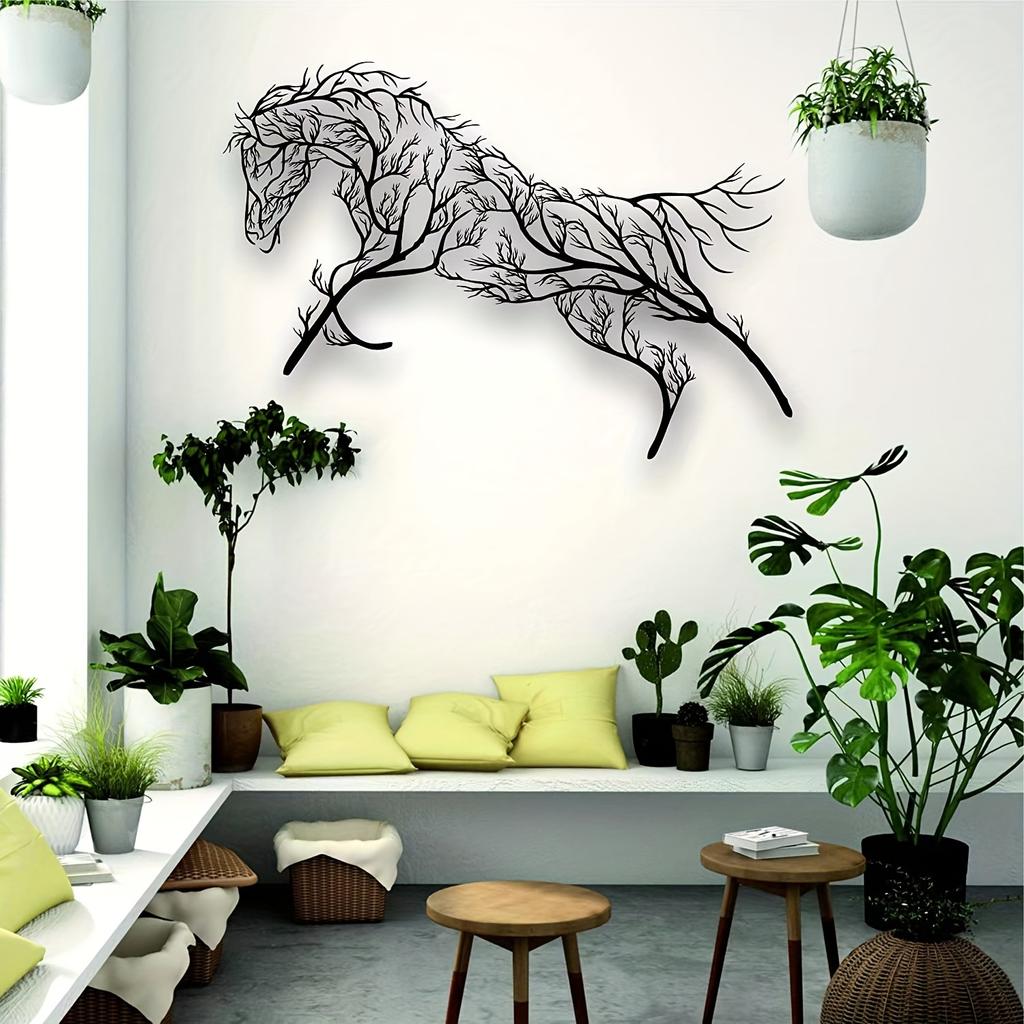 1 Stück Metallpferd Ast Wanddeko Schwarze Eisenkunst Silhouette für Wohnzimmer Außen Halloween Weihnachten Neujahrsgeschenk