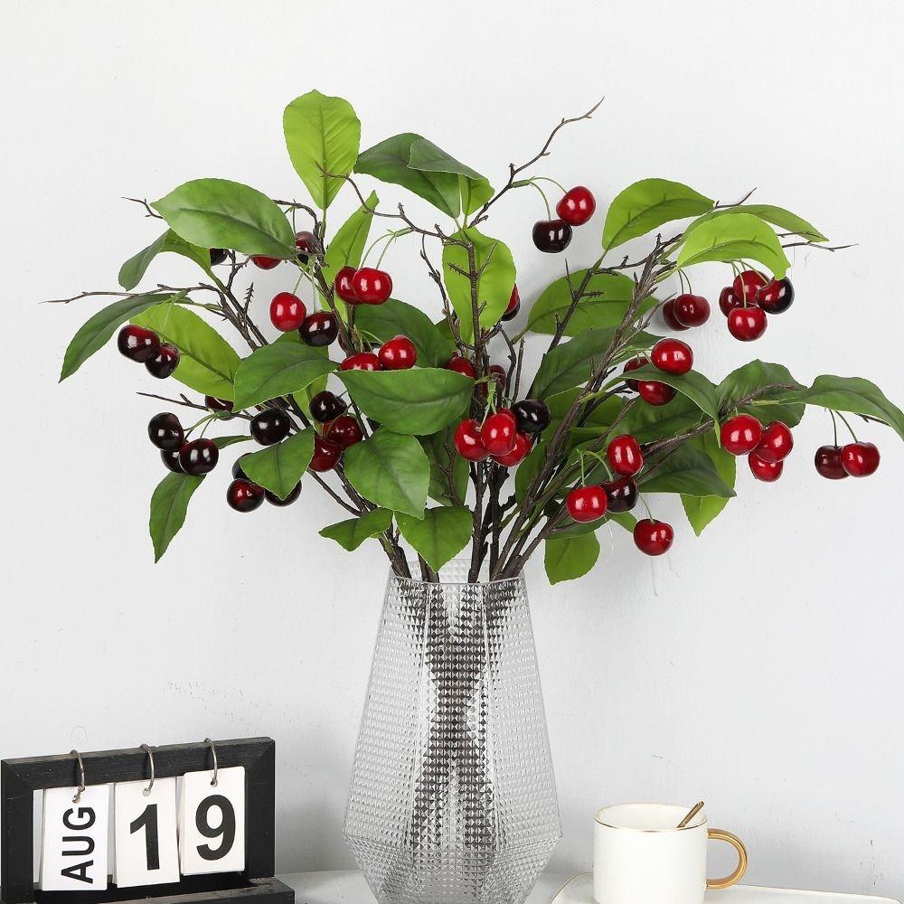 7PCS Cherry Faux Berry Branches Floral Arrangement Red Cherry Decorative Branches  Desktop Ornament