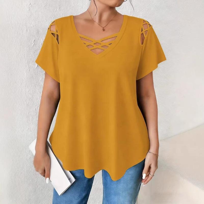 V-neck Short Sleeved Cross Strap T-shirt Large Size Summer Casual Fashion Hollow Out Blouse Solid Color Women Sweet Simple Office Shirts Clothing