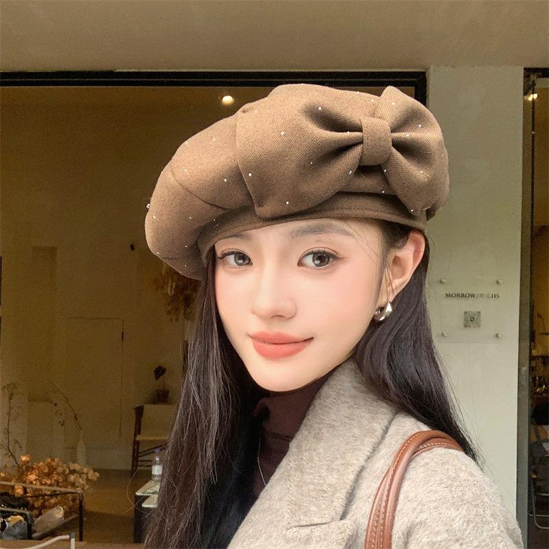 Women S Autumn Winter Rhinestone Beret Newsboy Hat Face Slimming Vintage Literary Cap