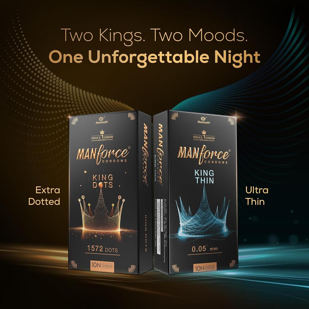 Manforce King Dots Extra Dotted Unflavored Condoms pack of 5 x 10 Pieces Textured Latex Protection Value Pack Comfort Fit