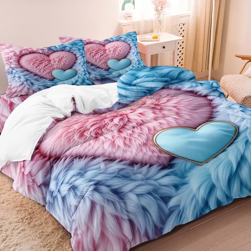 3pcs Valentine'S Day Romantic Luxurious Vintage Leopard Print Heart Rose Duvet Cover Set Pink And Blue Feather Heart Duvet Cover