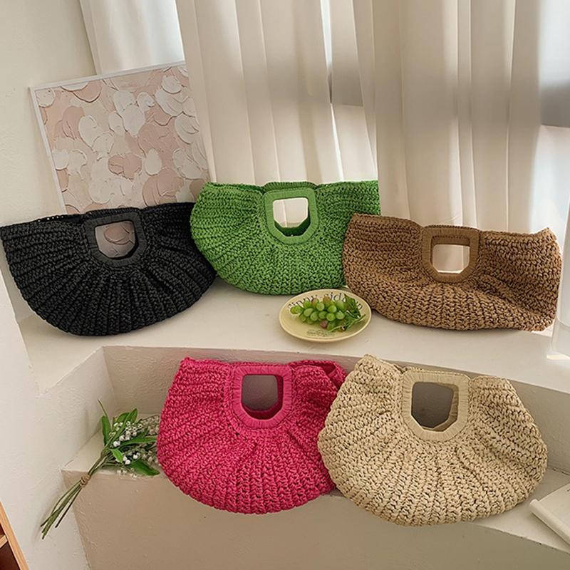 Sommerhalm Kvinner Half-moon Beach Handbag Rattan Håndlaget håndtak Mote Kintted Tote Bag